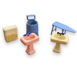 Vintage Renwal Dollhouse Furniture Bathroom Plastic MCM Sink Washer Iron Hamper